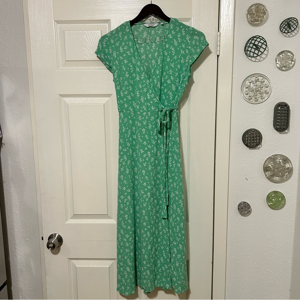 & Other Stories mint green floral print wrap dress v neck white midi spring sun